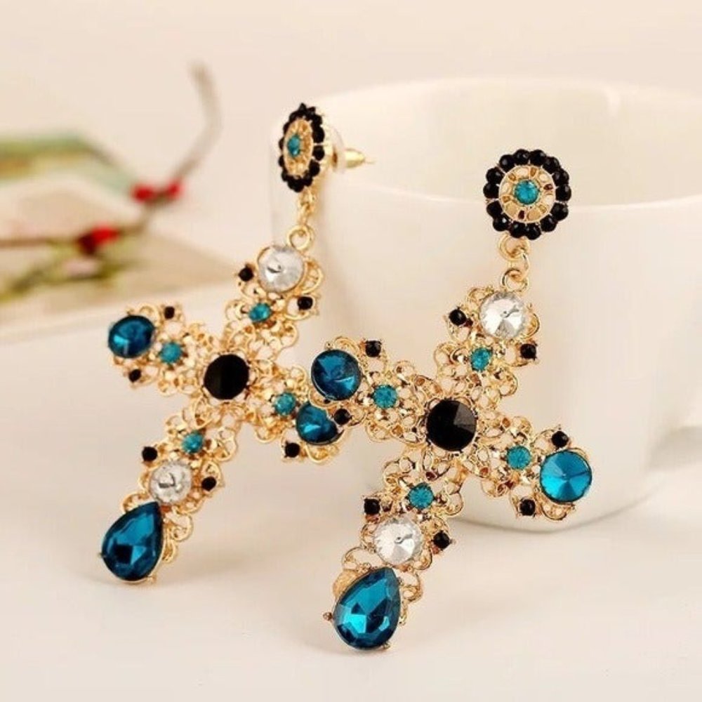 Victorian cross earrings gold blue black dangle drop